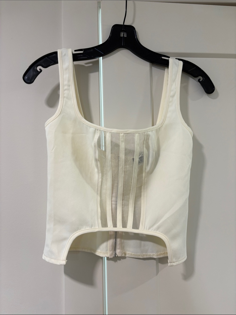 PrettyLittleThing Cream Square-Neck Crop Tank with Mesh Inserts